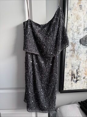 Aidan Mattox Black One-Shoulder Sequin Cocktail Dress